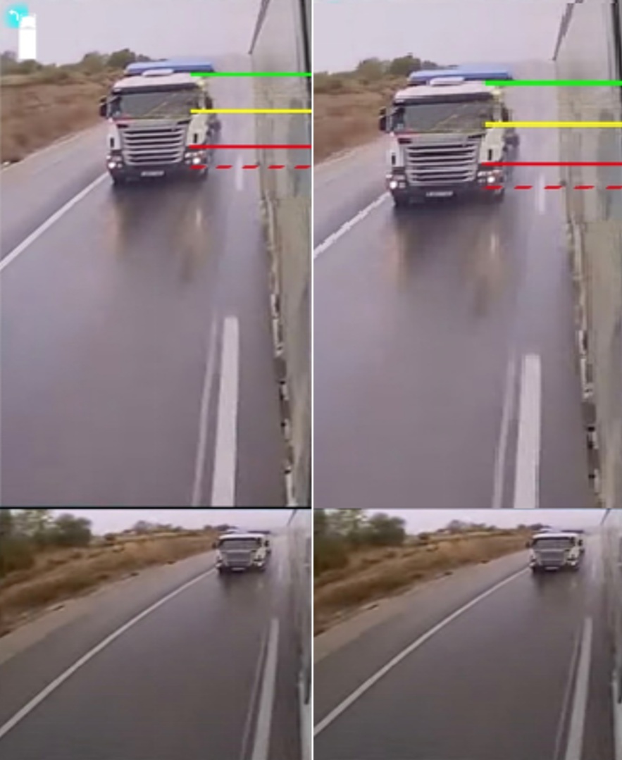 The view of a truck’s wing mirror from two different angles. The street is wet and there is another truck driving on the next lane. The camera monitor system marks the oncoming truck with lines to alert the driver in case he wants to make a turn.